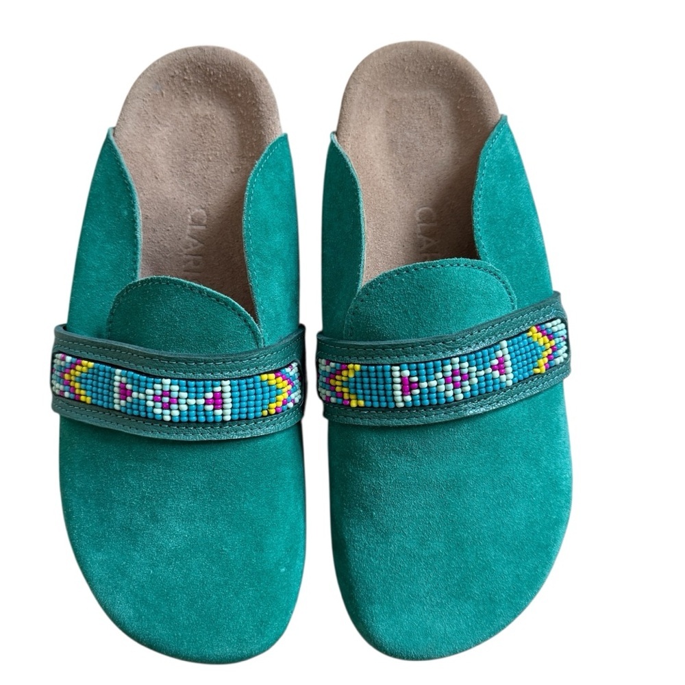 Claris Virot rare georgette suede calfskin clog mules in teal  NEW